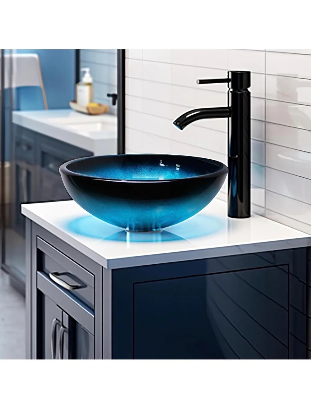 Glass Vessel Sink in Deep Blue with Faucet, Contemporary Bowl - New in Box